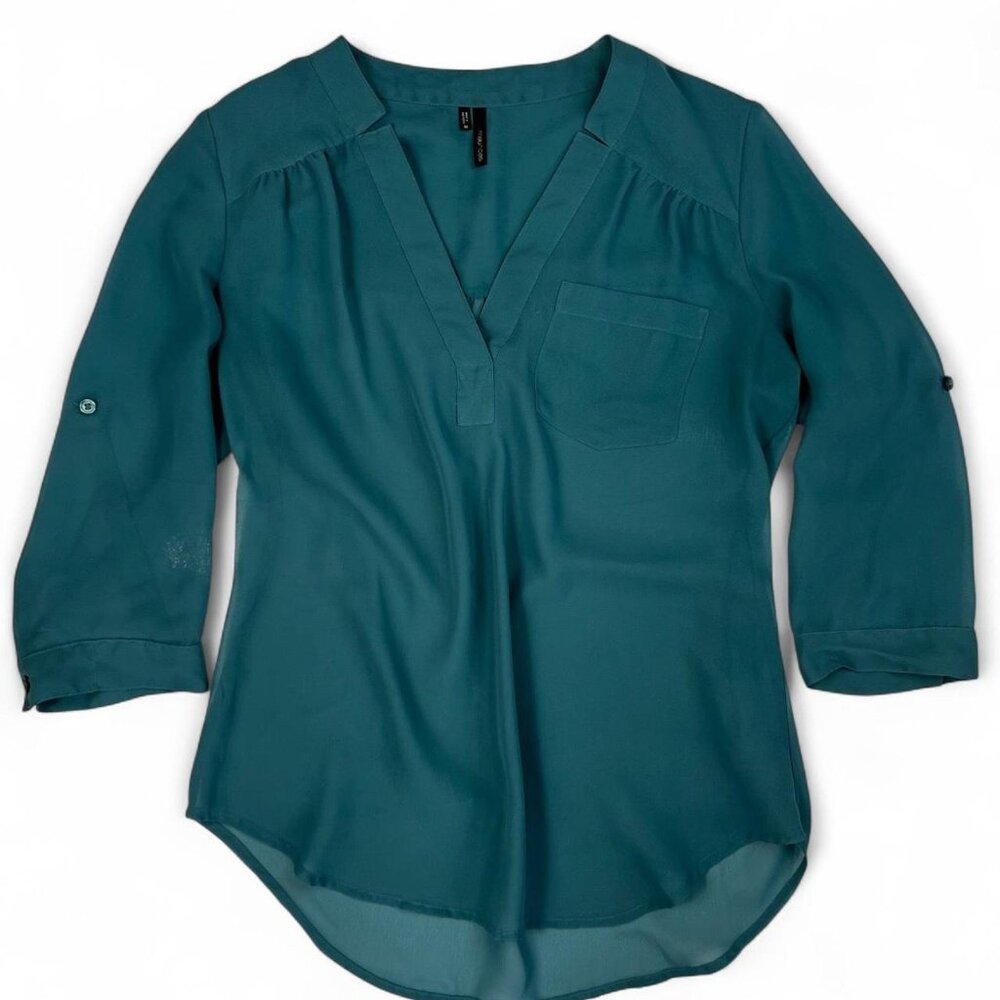 Maurices Teal blue sheer blouse with 3/4 sleeves and button closure #blouse